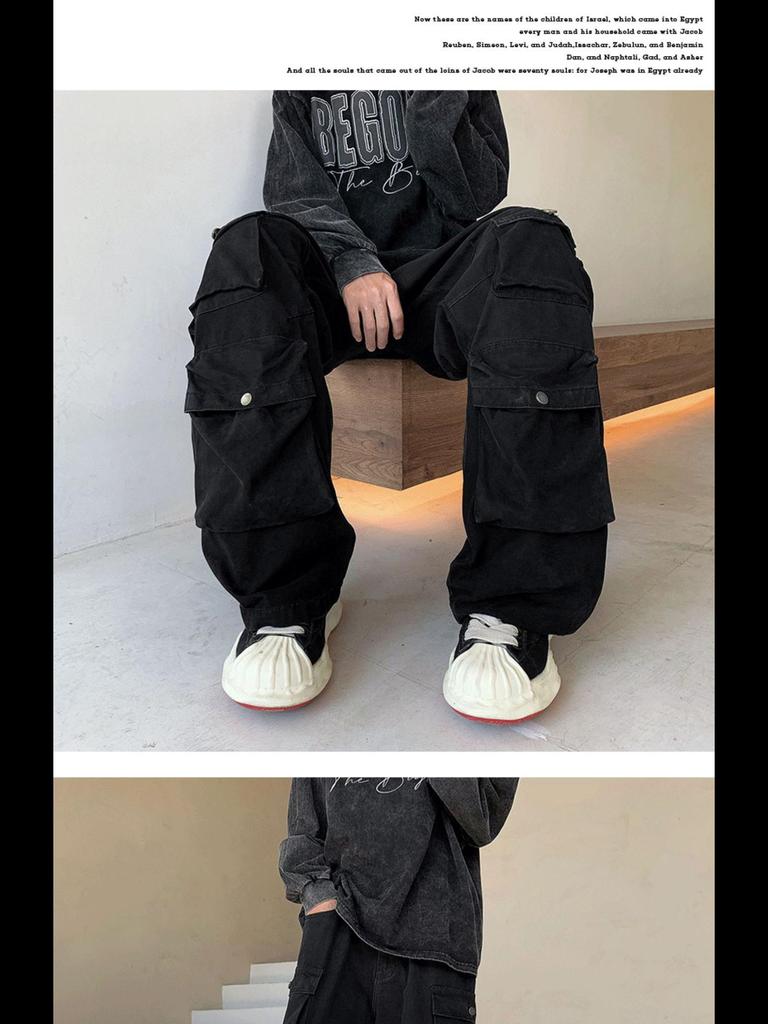 Men's American-Style Multi-Pocket Retro Hip-Hop Loose Straight Workwear Pants