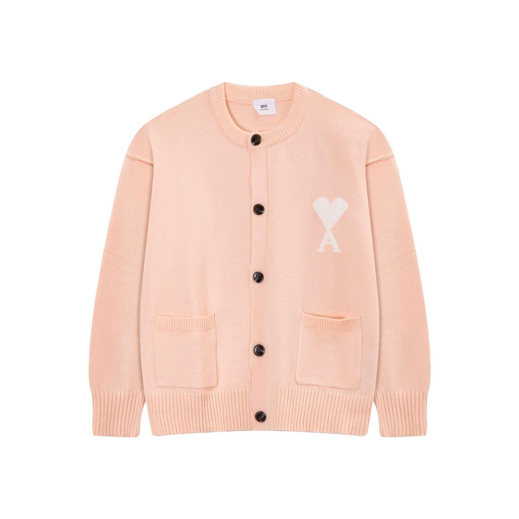 AMI Men's Autumn and Winter New Product Love Alpaca Wool Blended Soft and Sticky Knitted Cardigan Round Neck Cloud Sweater Pocket Coat
