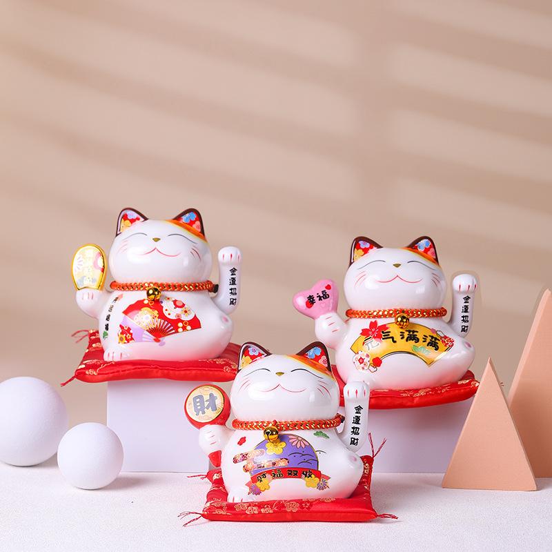 5inch Ceramic Beckoning Cat Waving Hand Lucky Cat Battery Powered Maneki Neko Best Gift Home Decoration Fortune Lucky Cat