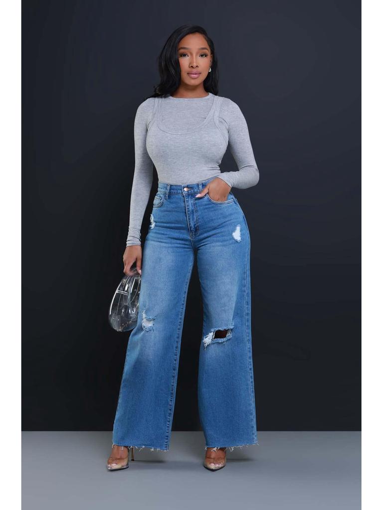 2025 Summer High Waist Ripped Jeans: Women's European & American Street Style, Loose Straight Wide-Leg Pants