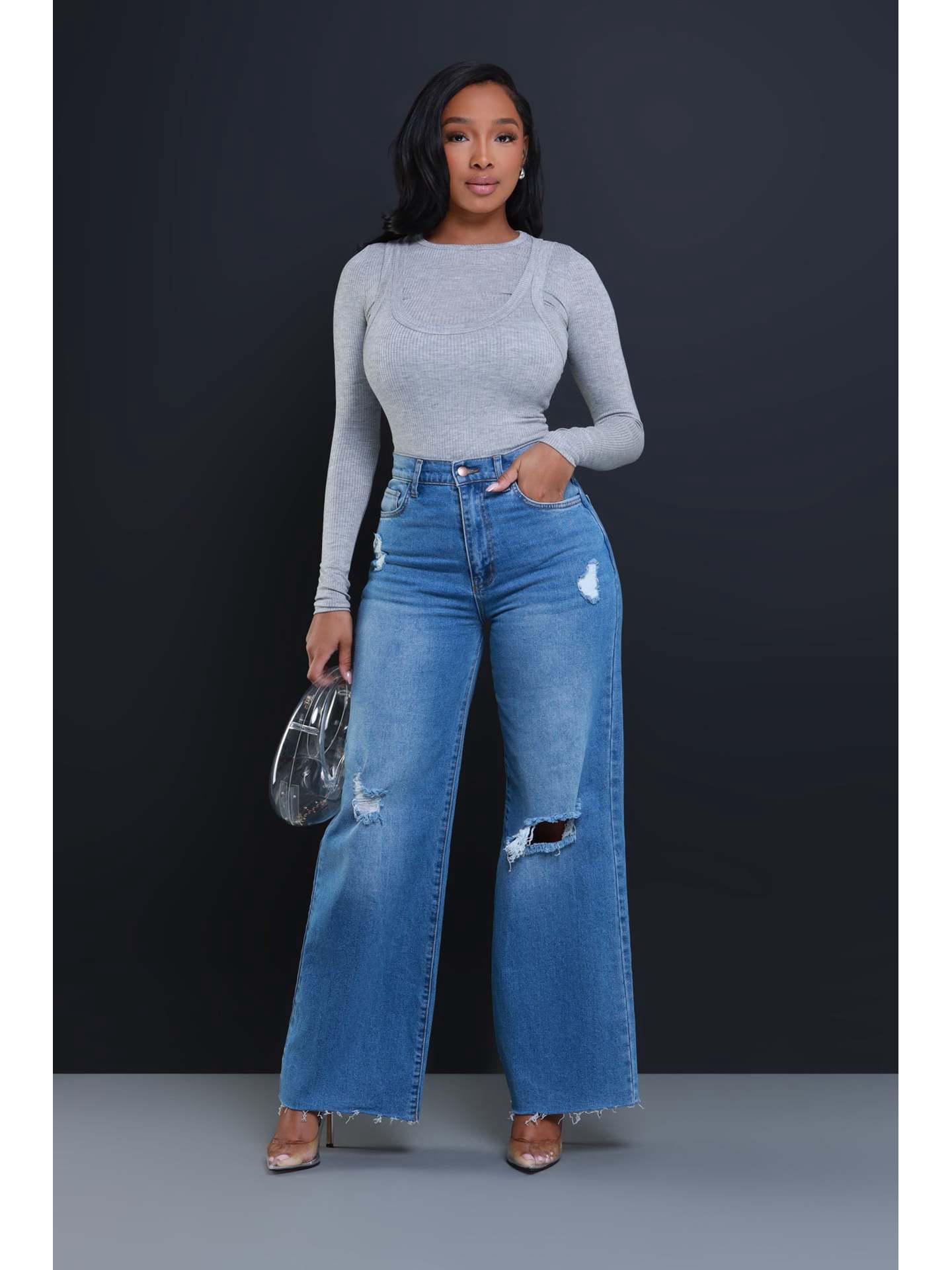 

2025 Summer High Waist Ripped Jeans: Women s European & American Street Style, Loose Straight Wide-Leg Pants XXL темно-синий