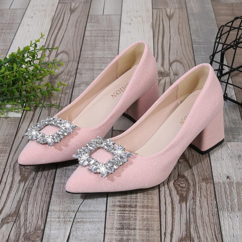Fashion Rhinestone Square Button Block Heel Single Shoes Women's Autumn New Pointed Toe Shallow Mouth Slip-On High Heels