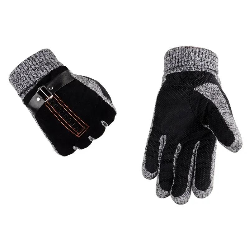 Winter Men's Warm Gloves Genuine Suede Pig Leather Gloves Mittens Male Thick Bike Motorcycle Gloves Men Knitted Guantes