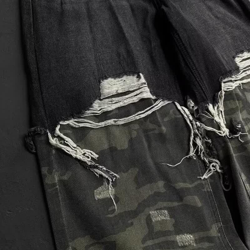 Mens Distressed Oversized Denim Pants With Camo Patchwork Loose Fit Streetwear Cargo Style