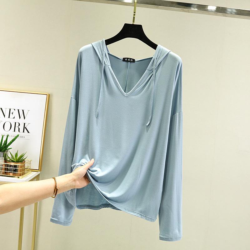 Plus Size Women's Long-Sleeve Modal T-Shirt - Hooded, Solid Color, Sun Protection, Lightweight for Spring/Summer