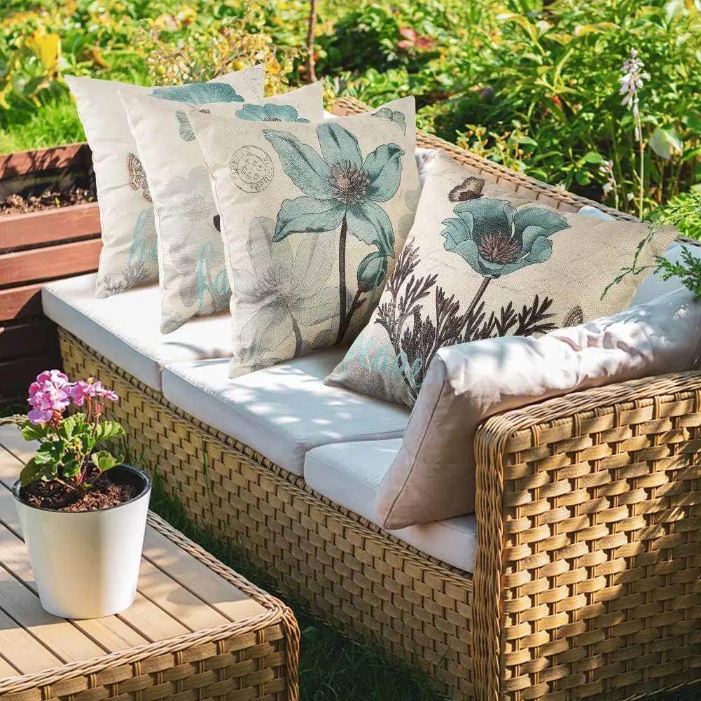 4PC Linen Cushion Cover for Home Decoration, Sofa, Bedroom, Car Pillow Cover (blue Flower, 40x 40)