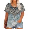 Plus Size Women's Fashion Casual Vintage Printed O-Neck Short Sleeve Button T-Shirt Top