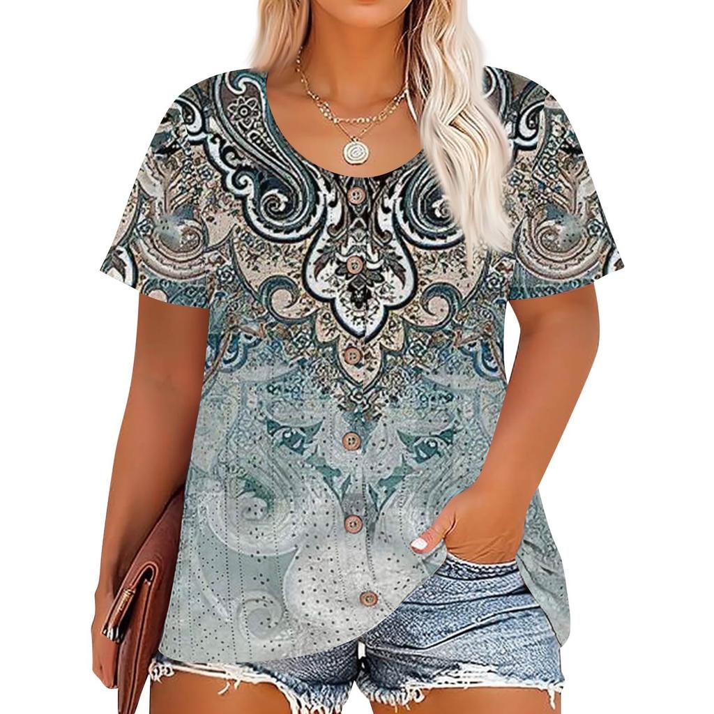 Plus Size Women's Fashion Casual Vintage Printed O-Neck Short Sleeve Button T-Shirt Top