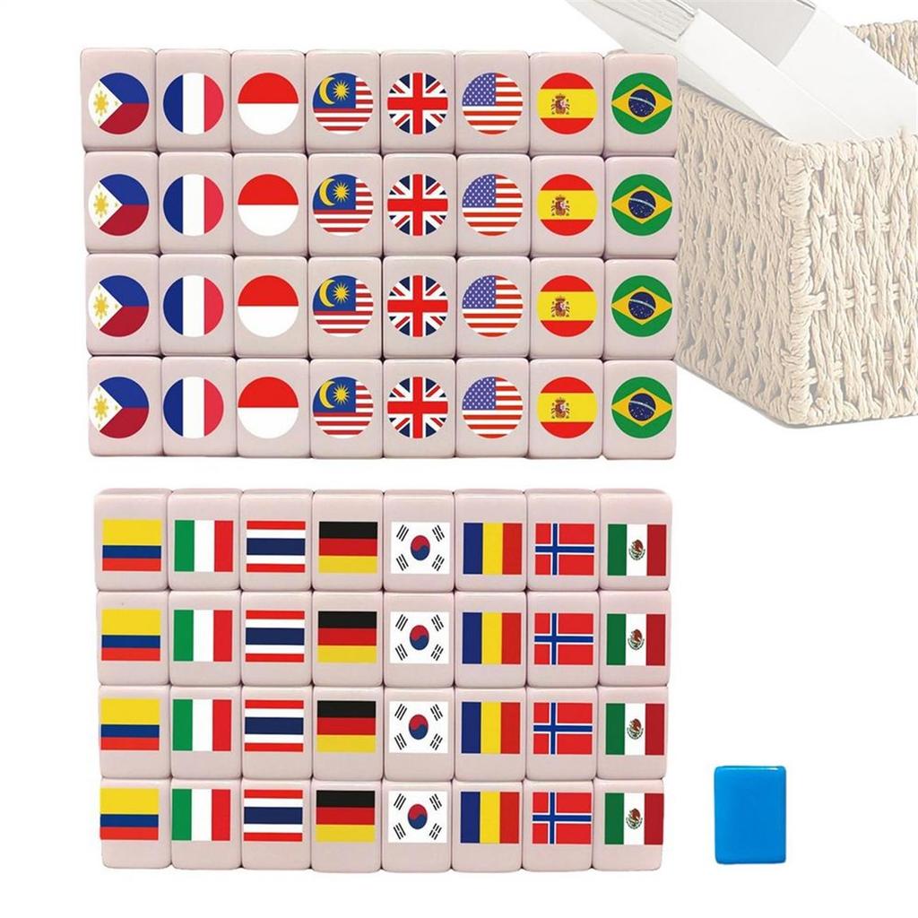 Harz-Mahjong-Spiel, Mahjong-Set mit Nationalflaggen, Geeignet für Männer, Frauen, Jugendliche, Mädchen, Familien, Freunde und Urlaube.