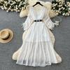 French light luxury fashion diamond-encrusted V-neck bat sleeve strap waist dress women's thin temperament chiffon long skirt