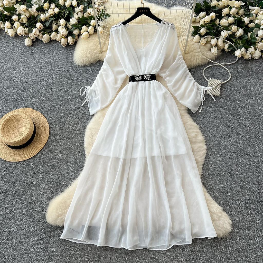 French light luxury fashion diamond-encrusted V-neck bat sleeve strap waist dress women's thin temperament chiffon long skirt