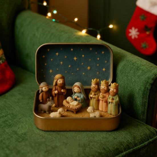 Miniature Christmas Nativity Set In A Tin Box Handcrafted Pocket Nativity Scene Gift Small Religiou Holy Family Ornament for Desk Shelf Travel Decor