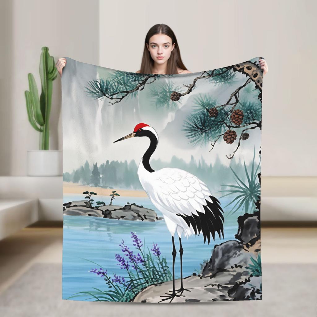 Chinese Style Crane Soft Blanket Children Plush Bedding Throws Funny Couch Bed Flannel Bedspread Sofa Bed Cover