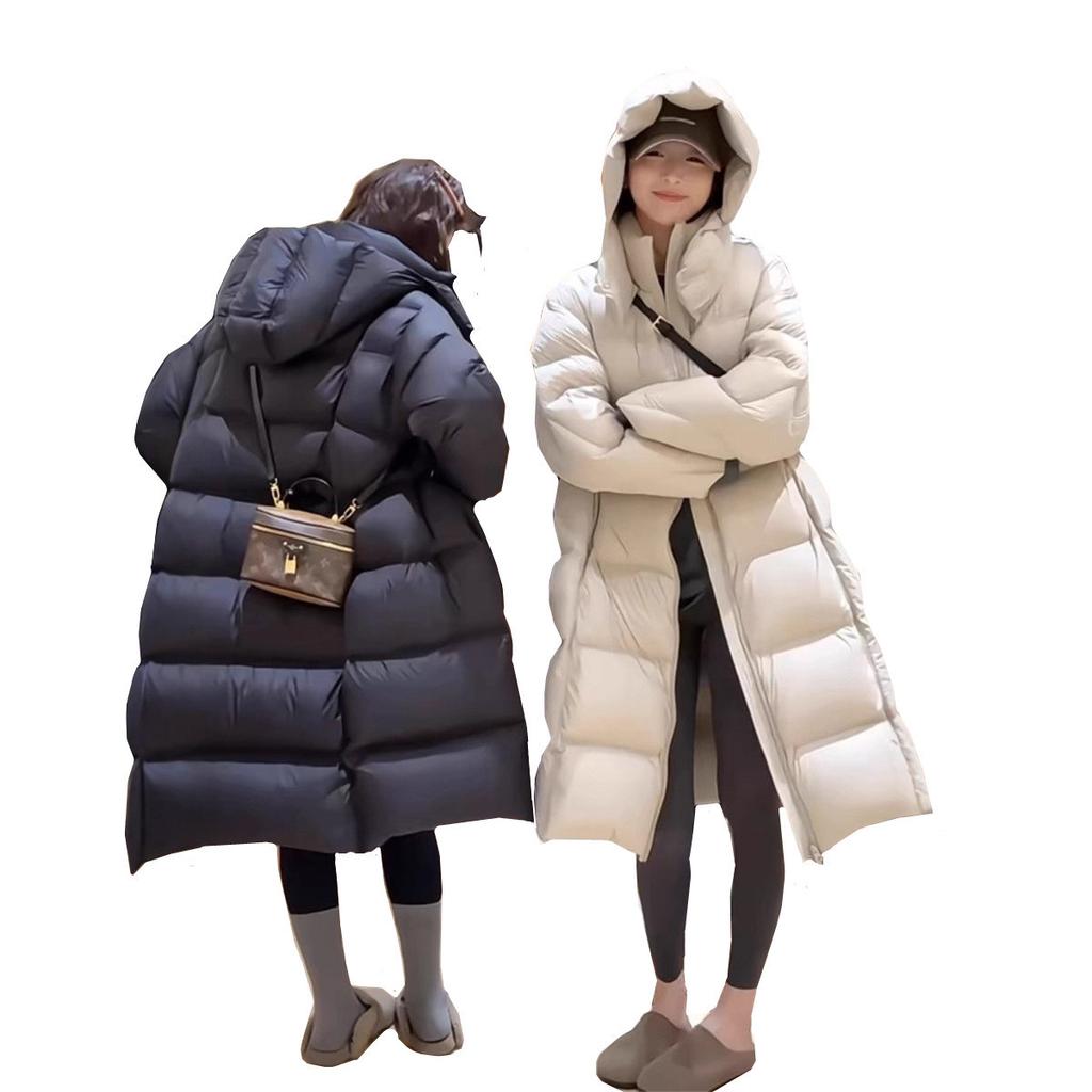 Winter new European hooded puff down jacket women's long simple white duck down jacket