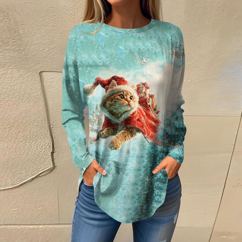 Tee Shirts For Women Casual Round Neck Long Sleeve Shirts Christmas Printing Top Pullover