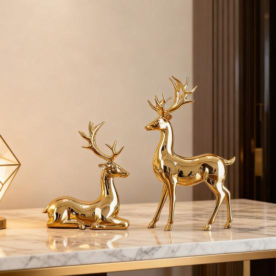Yousheng 1 Pair Christmas Electroplating Golden Reindeer Statue Standing Sitting Elk Figurine Deer Sculpture Home Office Desktop Decoration Ornament
