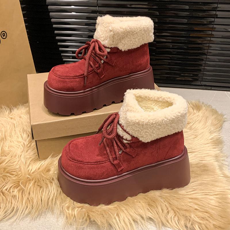 Mode 2024 Winter Neu Oberbekleidung Damen Schneestiefel mit Riemen vorne Dicke Sohle Runde Zehenpartie Haar Warm und Bequem Mode Stiefel