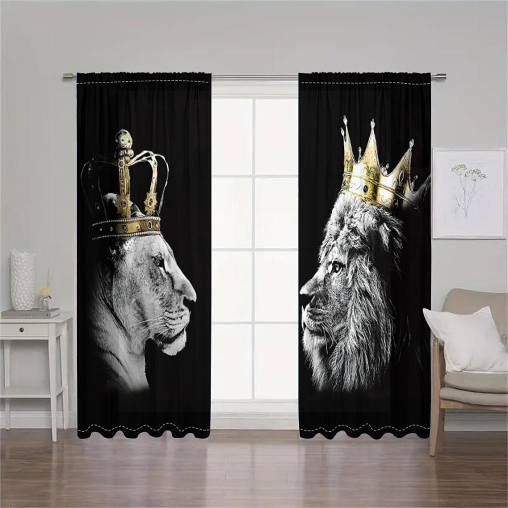 2Pcs Royal Lion Curtains Black White Gold Crown Animal Pattern Living Room Bedroom Study Sunshade Modern Art Decor Curtains