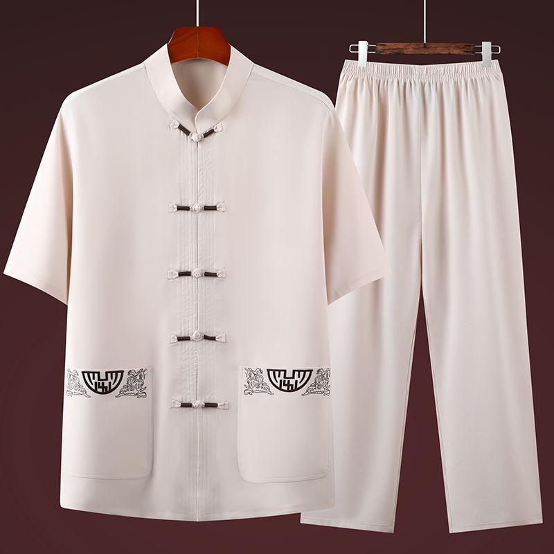 Men's Summer Chinese Style Short-Sleeve Tang Suit Set - Cotton & Linen Casual Tai Chi Outfit for Middle-Aged & Elderly