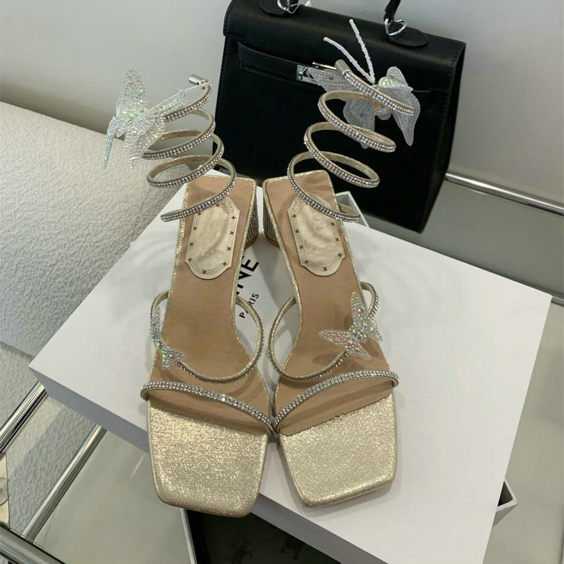 2005 Sparkling Sparkling Rhinestone Bow Entwined Ankle Strap Sandals For Women, Summer Thick Heel High Heels