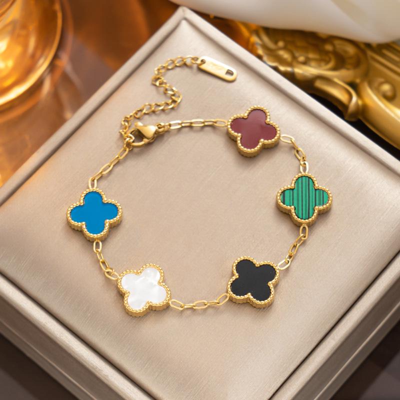 18K Gold Titanium Steel Four-Leaf Clover Double-Sided Bracelet with Five-Color Flowers.