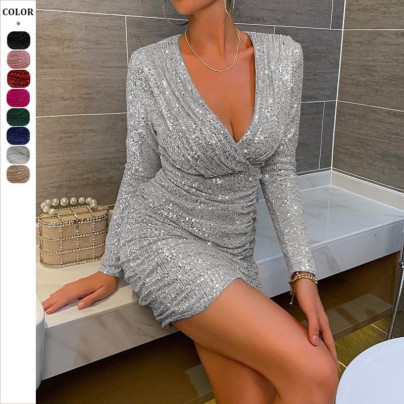 

Women s Sexy V-neck Sequin Bodycon Dress - Short Evening Fashion XL шампанского
