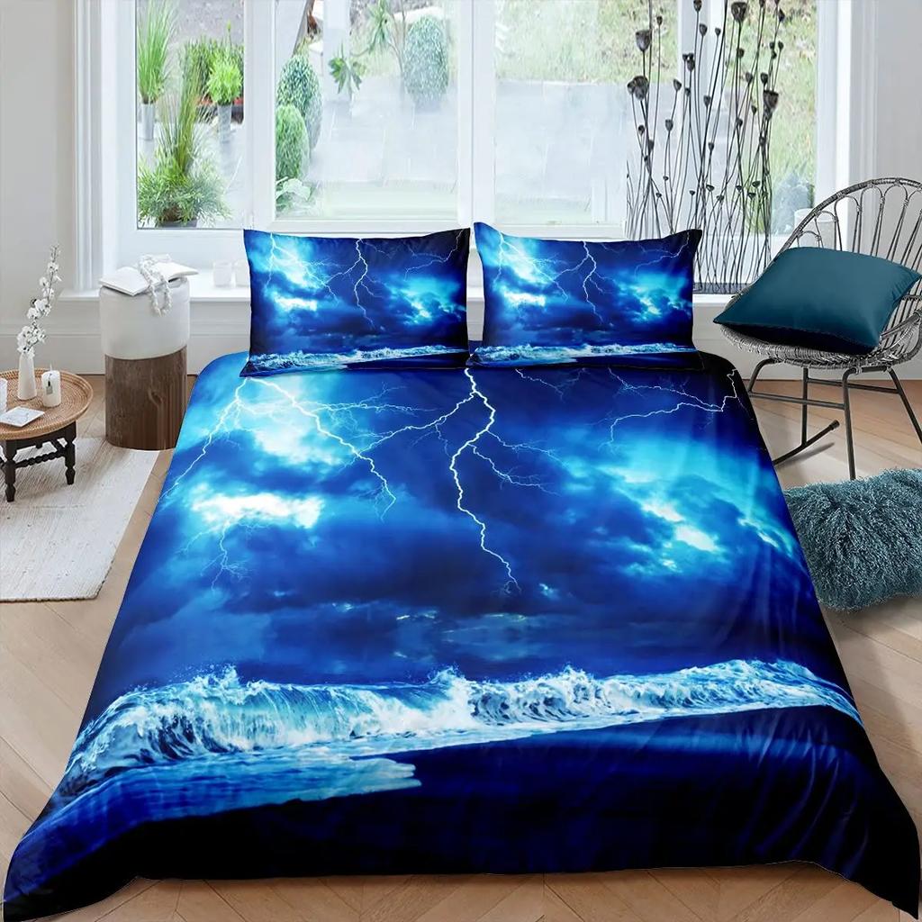 Lightning Duvet Cover Set Sea Wave Natural Disasters Sea Landscape Bedding Set Dark Clouds King Size Polyester Comforter Cover