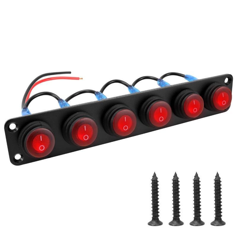 2.Switch Panel 1-6 Gang 12V for Boat, Truck, Automotive: On-Off Rocker Toggle with Red LED Light, Waterproof