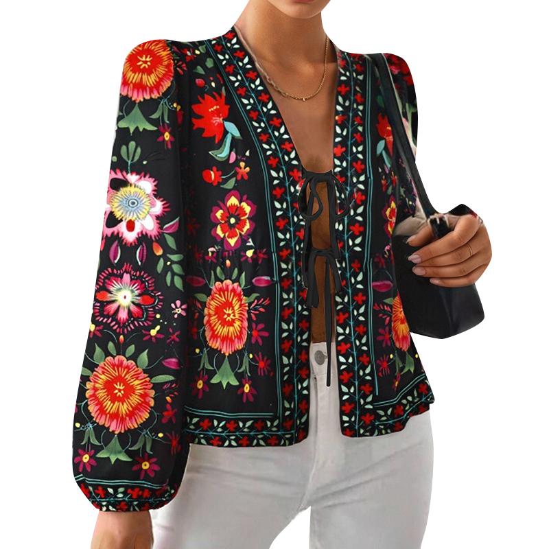 

ZANZEA Женская повседневная блузка с цветочным принтом и длинными рукавами на шнуровке S чёрный