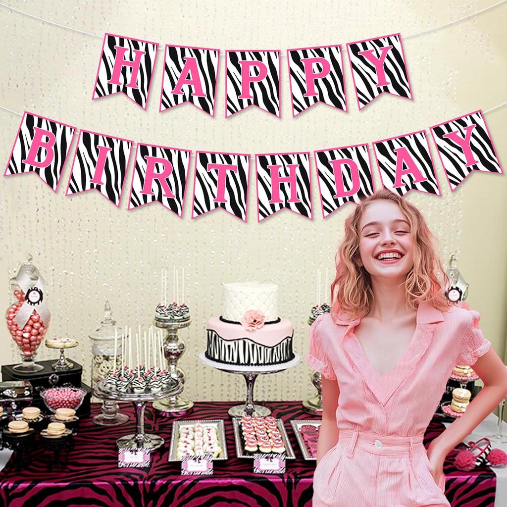 Zebra Birthday Decorations Pink Pre-Strung Zebra Happy Birthday Banner Wildlife Zebra Print Party Supplies for Safari Jungle Theme Bday Party