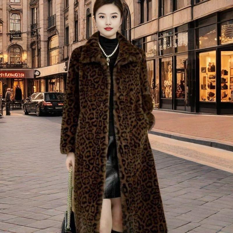 Long Leopard Print Winter Fur Integrated Coat Fluff New Thickened Knee Imitation Fur Fashion Warm