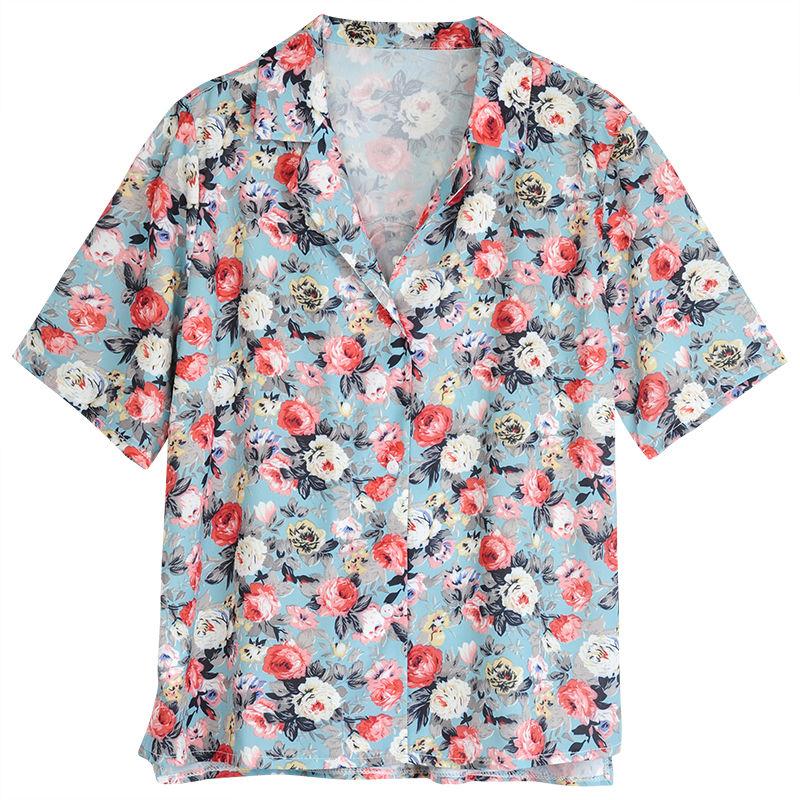 Summer Floral Shirt for Female Retro Hong Kong Style Short Sleeved Blouses Loose College Style Suit Collar Casual Blouse