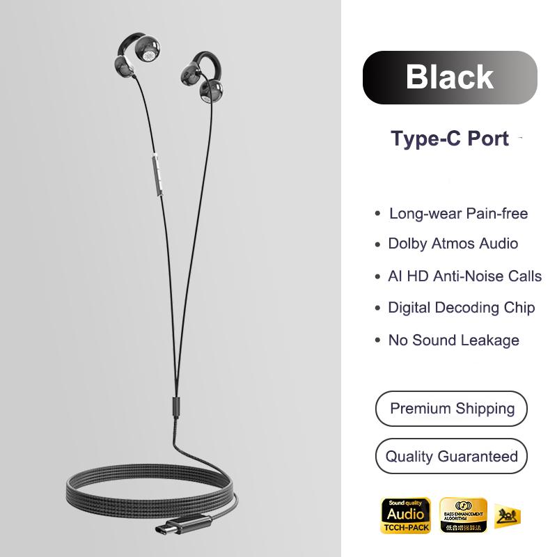 Clip-on Type C&3.5mm Wired Control Headphones HIFI Sound Sports Earbuds Handfree Gaming Headsets Earphones in HD mic For Samsung