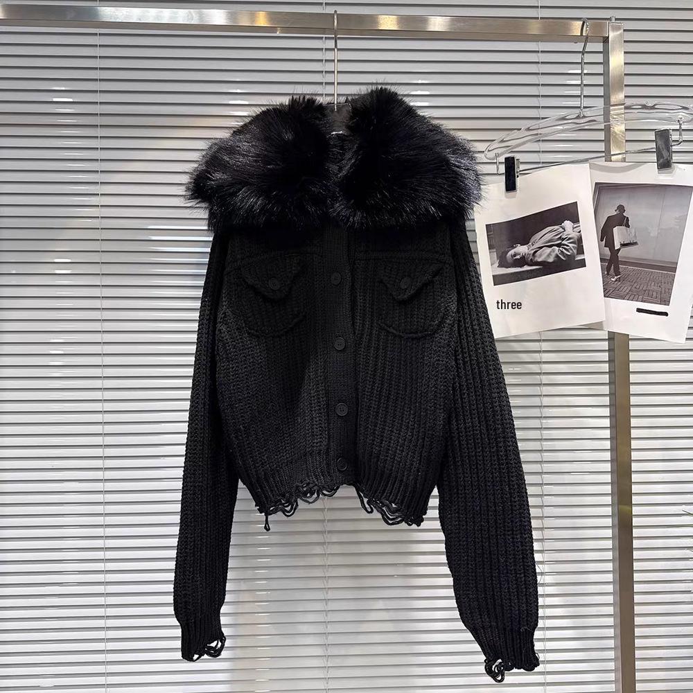 Women's Summer 2026 Knit Cardigan with Detachable Fur Collar