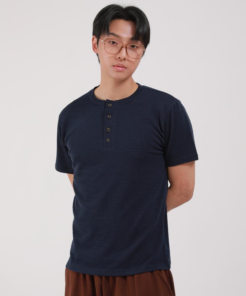 Dibellobeu Slub Henley Neck Short Sleeve T-Shirt_Navy
