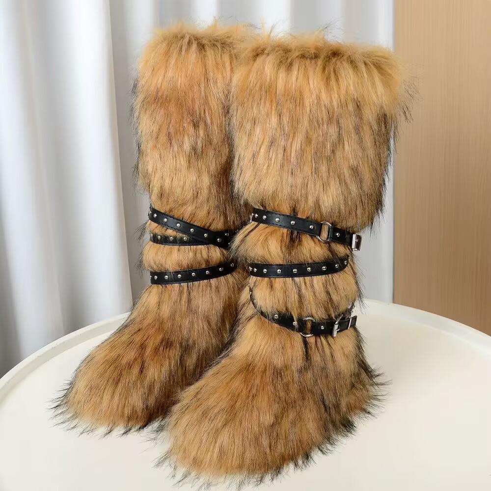 Spicy Girl Thigh-High Fur Snow Boots with Buckle, 2025 Edition.