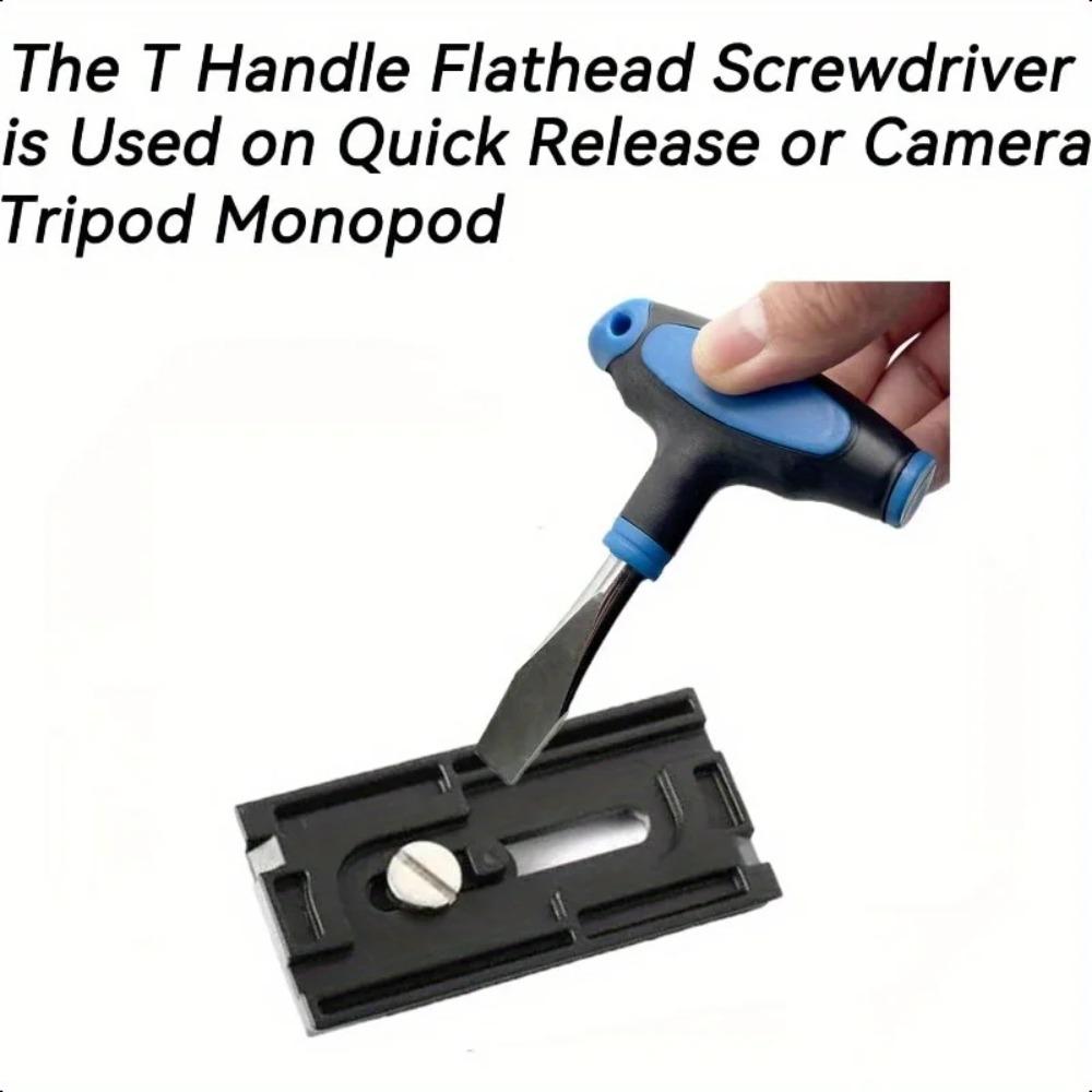 Kompaktní šroubovák s T-rukojetí a plochou hlavou s 10mm čepelí – Ergonomická černo-modrá rukojeť pro rychloupínací destičky, stativy pro fotoaparáty