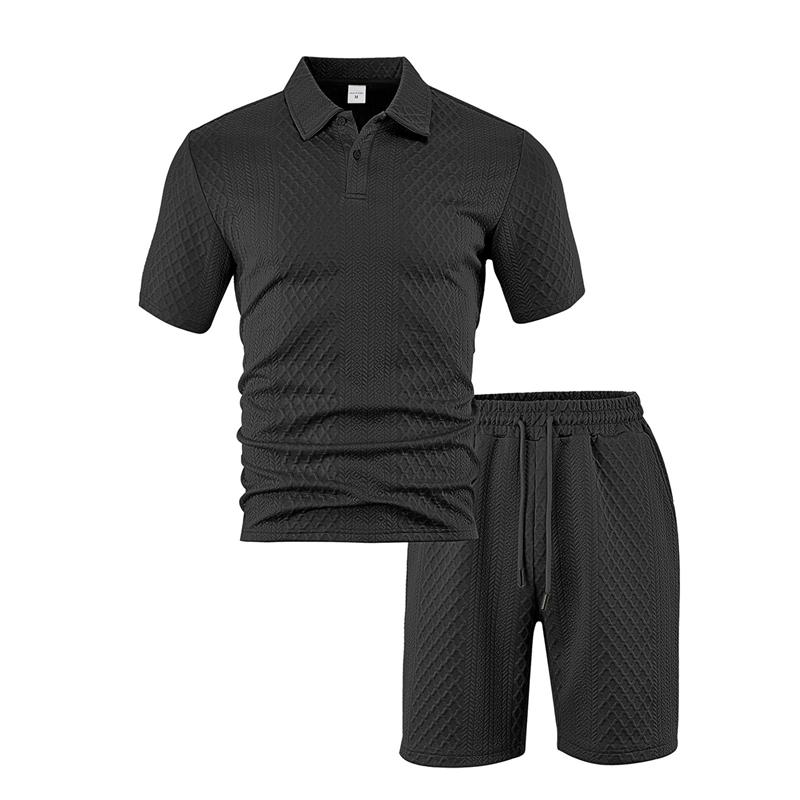 2026 Summer Fashion Sports Style Short Two Piece Set Men's Casual Solid Color Jacquard Short Sleeves Pullover POLO Shirt Shorts 2 Piece Sets