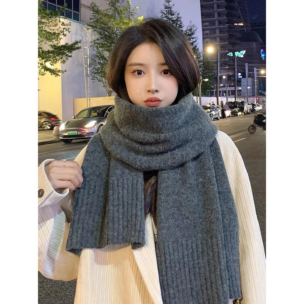 WTEMPO Women's Thickened Windproof Cold-proof Versatile Casual Scarves Solid Color Winter Long Warm Knitted Scarves