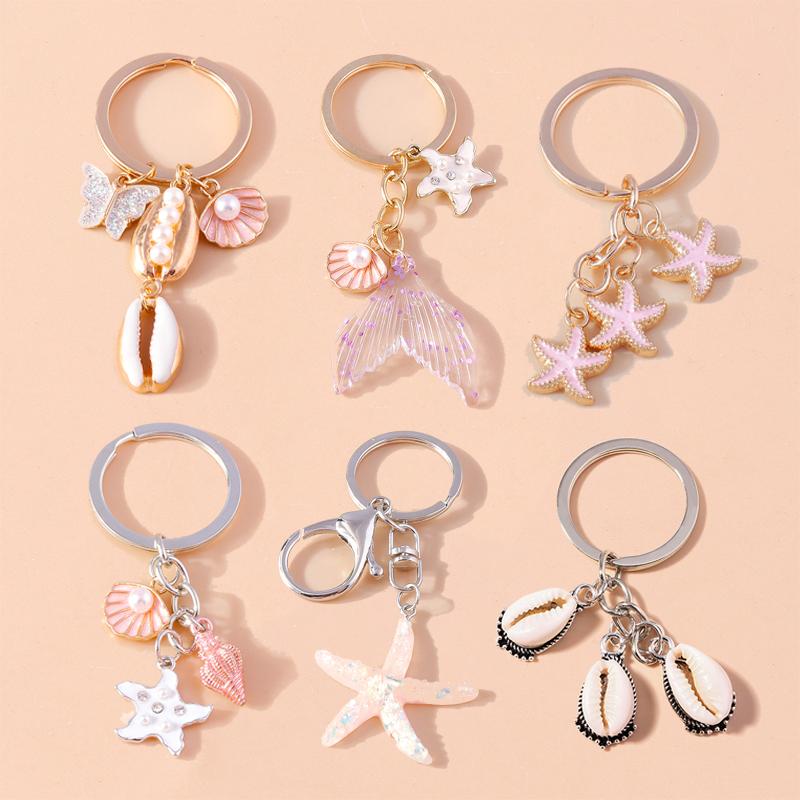 Cute Enamel Summer Beach Conch Shell Keychain Starfish Key Ring Pendant for Women Girls Handbag Decor DIY Handmade Jewelry Gift