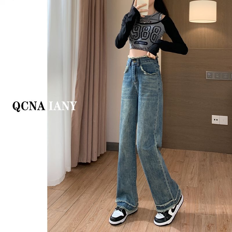 

Джинсы в стиле хай-стрит для женщин, новые модели весна-осень, с высокой посадкой, облегающие, прямые, свободные, больших размеров, с широкими штанинами, тренд XL