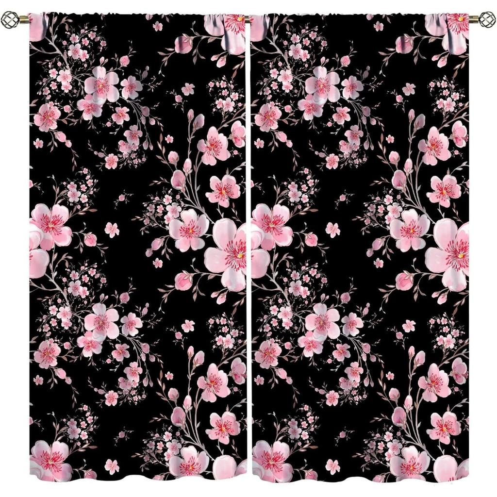 Floral Curtain Spring Romantic Pink Cherry Blossom Print Curtains Girls Women Bedroom Living Room Kitchen Decor With Light Blocking Polyester Perfect