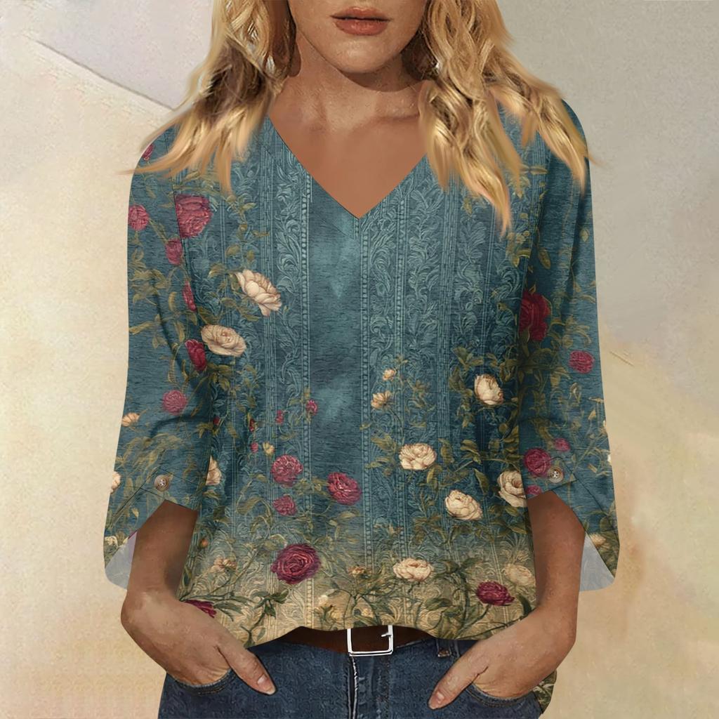 Womens Short Sleeve Blouses V Neck Floral Print Casual Loose Fit Women's Short Sleeve Tops Lightweight Womens Short Sleeve Shirts
