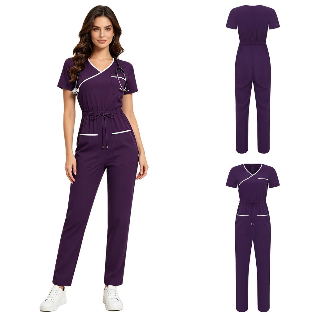 Damen Medizinischer Einteiler Jumpsuit Kurzarm Kordelzug Taille Elastischer Rücken Reißverschluss Taschen Arbeitskleidung