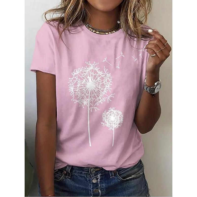 Women's Casual T-Shirt Dandelion Print Crew Neck White Short Sleeve Summer Wear Comfort Fit Daily Essential