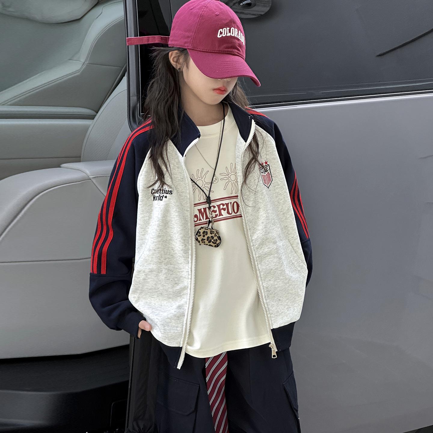 2026 Girls  Stylish Embroidered Star Spring Baseball Jacket with Stand-up Collar 160 cm