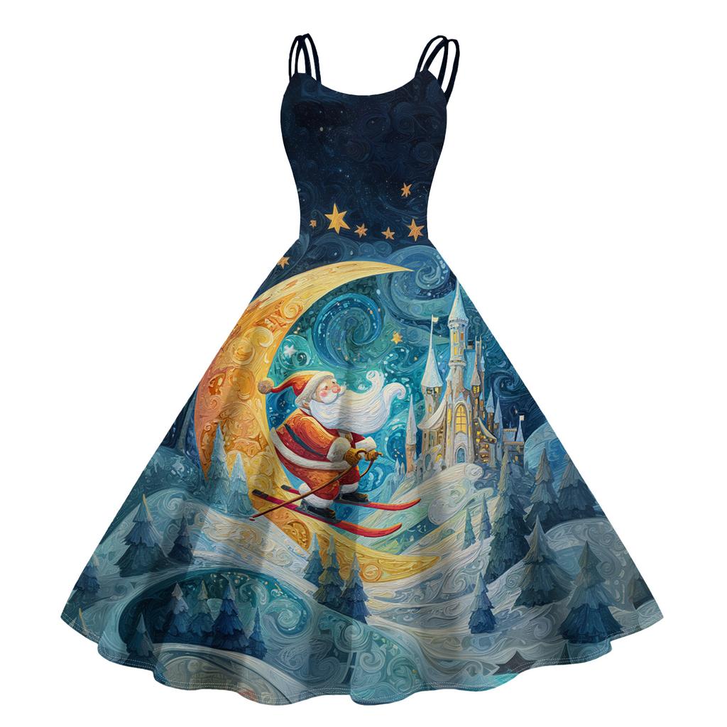(buon Natale) Abito Casual da Donna alla Moda con Stampa Fiocco di Neve Natalizio/Albero di Natale/Pupazzo di Neve Girocollo Retro