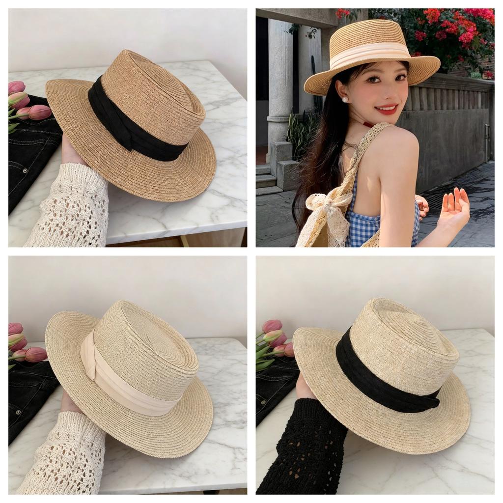 French bucket hat summer visor women's British retro wide-brimmed top hat sun hat vacation beach woven straw hat