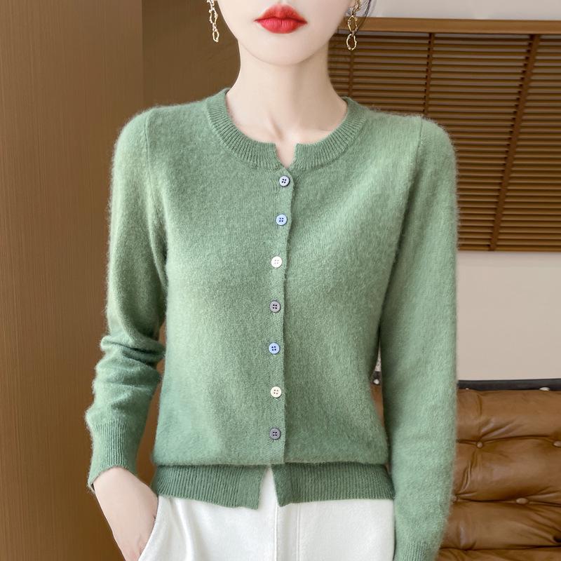 Women's Slim Fit Australian Wool V-Neck Cardigan - Autumn/Winter Collection, Solid Color, Soft, Skin-friendly, Versatile, Button-up Sweater