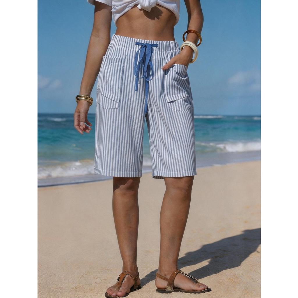 Damen Shorts aus Imitation Leinen mit Streifen, Lässige Sommer-Strandshorts mit Gürtel und Taschen